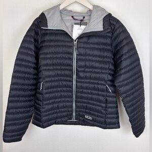 Stio Down Hooded Abyss Jacket Women’s Medium Black & Grey NWT Hyper Dry Pertex